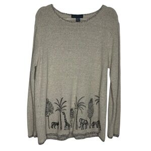 Northern Isles Womens XL Embroidered Sweater Silk Linen Safari Chic Giraffe Tree
